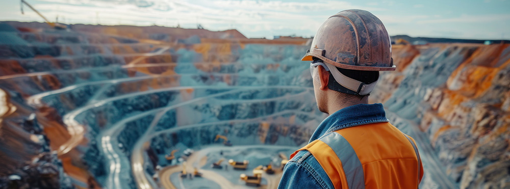 Manager wearing protective clothing, hard hat, worker working outdoors Audit supervisor Workers in an open quarry